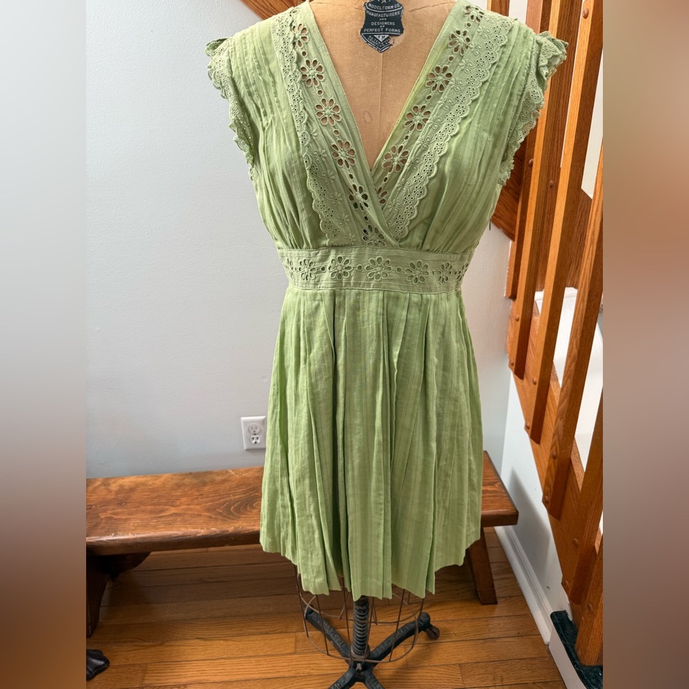 Betsey Johnson Sage Green Eyelet Lace V-Neck Mini Dress
